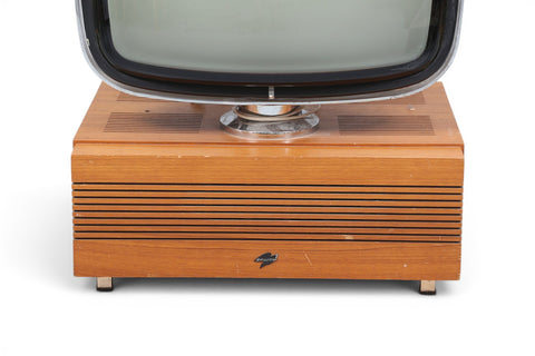 Close-up of teak grain on Skantic Cosmos television — 1960s Danish modern