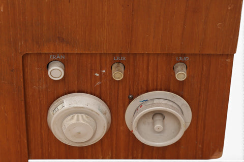 Detail of screen on Skantic Cosmos teak television — 1960s Danish modern