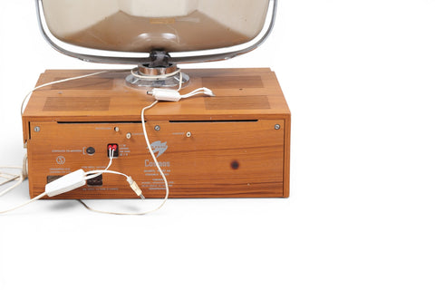 Label detail on Skantic Cosmos teak television — 1960s Danish modern