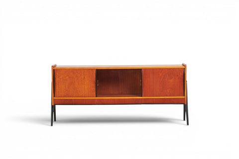 Three-quarter view of Bengt Ruda teak sideboard — mid-century Swedish modern