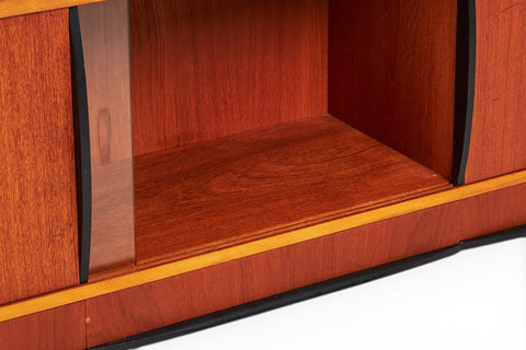 Interior storage view of Bengt Ruda teak sideboard — mid-century Swedish modern