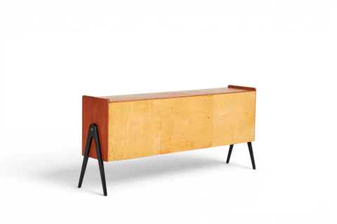 Side view of Bengt Ruda teak sideboard with ebonised legs — mid-century Swedish modern