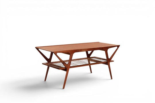 1950S TEAK COFFEE TABLE WITH MAGAZINE SHELF IN CANE