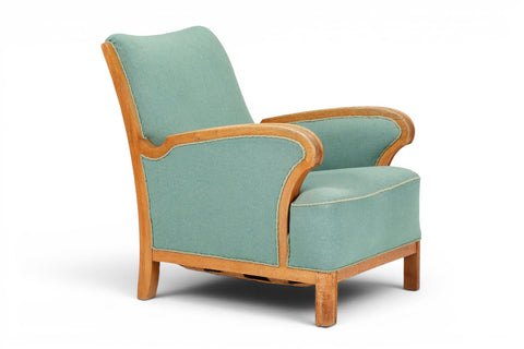 Front view of 1940s Danish oak lounge chair in seafoam wool — 1940s Scandinavian modern