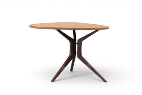 Front view of Model 775 wedge side table in teak by Möbelbolaget Tranås — 1950s Swedish modern