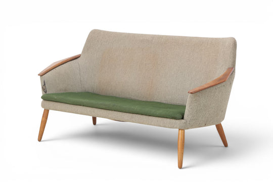 HENRY SCHUBELL & ARNOLD MADSEN 1950S WOOL AND TEAK FREESTANDING SOFA