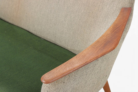 Detail of teak frame on Schubell & Madsen freestanding sofa — 1950s Danish modern