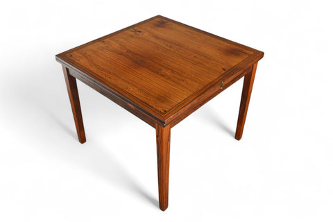 Solid teak small pedestal table in restored condition.