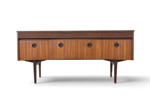 Vintage Elliotts of Newbury bow front mahogany and rosewood dresser, 1960s, view 1
