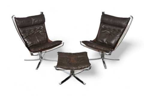 PAIR OF HIGHBACK FALCON LOUNGE CHAIRS + OTTOMAN IN CHROME