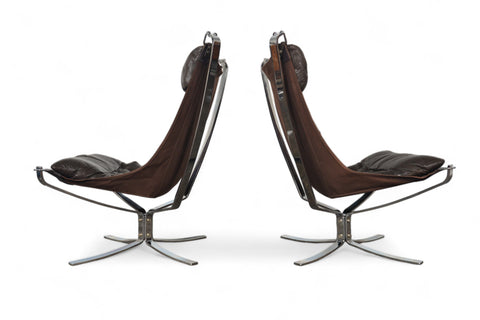 PAIR OF HIGHBACK FALCON LOUNGE CHAIRS + OTTOMAN IN CHROME