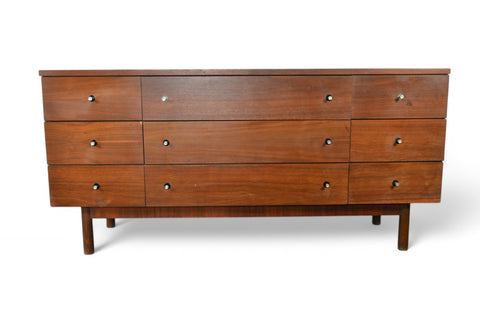 MID CENTURY LOW NINE DRAWER IN WALNUT BY STANLEY #1 Front view