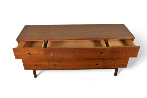 MID CENTURY LOW NINE DRAWER IN WALNUT BY STANLEY #1 Top view drawers open