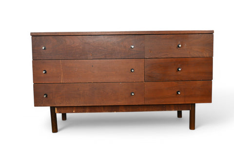 MID CENTURY LOW SIX DRAWER IN WALNUT BY STANLEY FRONT VIEW