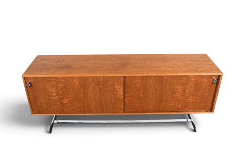 RARE RICHARD ROUND SPACE AGE CREDENZA IN TEAK + CHROME