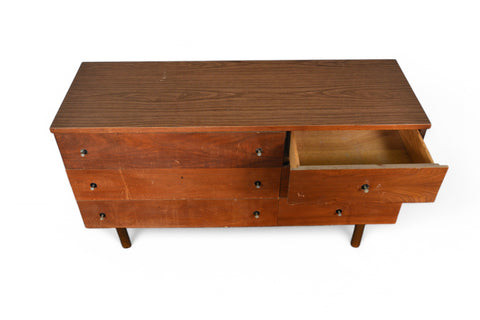 MID CENTURY LOW SIX DRAWER IN WALNUT BY STANLEY OPEN DRAWER