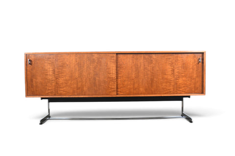 RARE RICHARD ROUND SPACE AGE CREDENZA IN TEAK + CHROME