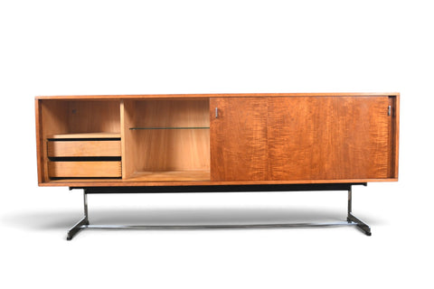 RARE RICHARD ROUND SPACE AGE CREDENZA IN TEAK + CHROME