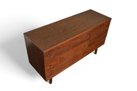 MID CENTURY LOW SIX DRAWER IN WALNUT BY STANLEY FRONT TOP SIDE VIEW