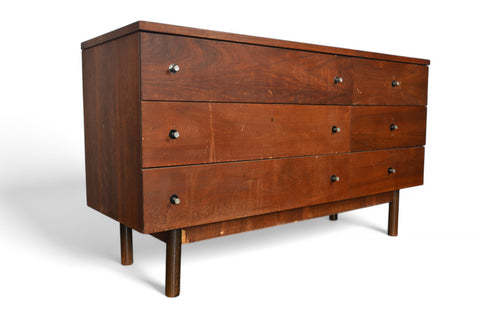 MID CENTURY LOW SIX DRAWER IN WALNUT BY STANLEY FRONT SIDE VIEW