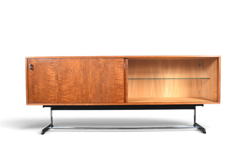 RARE RICHARD ROUND SPACE AGE CREDENZA IN TEAK + CHROME