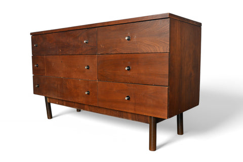 MID CENTURY LOW SIX DRAWER IN WALNUT BY STANLEY