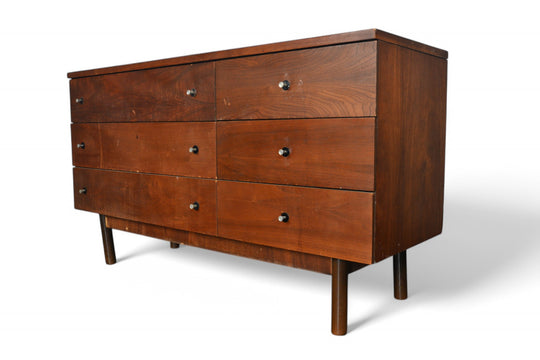 MID CENTURY LOW SIX DRAWER IN WALNUT BY STANLEY