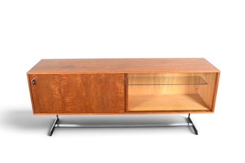 RARE RICHARD ROUND SPACE AGE CREDENZA IN TEAK + CHROME
