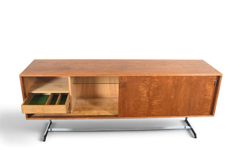 RARE RICHARD ROUND SPACE AGE CREDENZA IN TEAK + CHROME