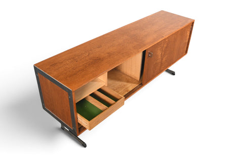 RARE RICHARD ROUND SPACE AGE CREDENZA IN TEAK + CHROME