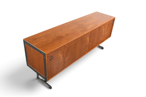 RARE RICHARD ROUND SPACE AGE CREDENZA IN TEAK + CHROME