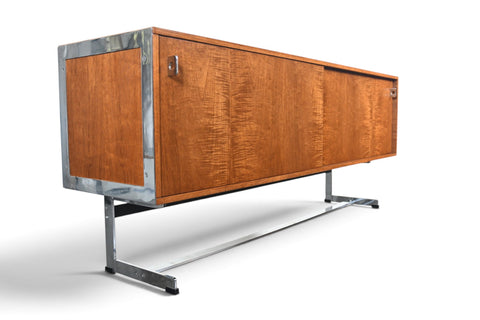 RARE RICHARD ROUND SPACE AGE CREDENZA IN TEAK + CHROME