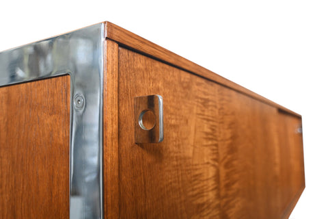 RARE RICHARD ROUND SPACE AGE CREDENZA IN TEAK + CHROME