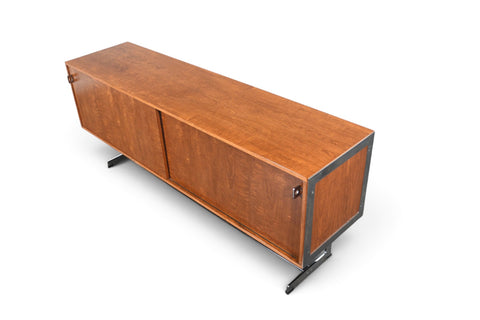 RARE RICHARD ROUND SPACE AGE CREDENZA IN TEAK + CHROME