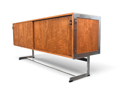 RARE RICHARD ROUND SPACE AGE CREDENZA IN TEAK + CHROME