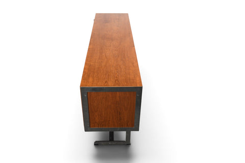 RARE RICHARD ROUND SPACE AGE CREDENZA IN TEAK + CHROME