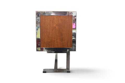RARE RICHARD ROUND SPACE AGE CREDENZA IN TEAK + CHROME