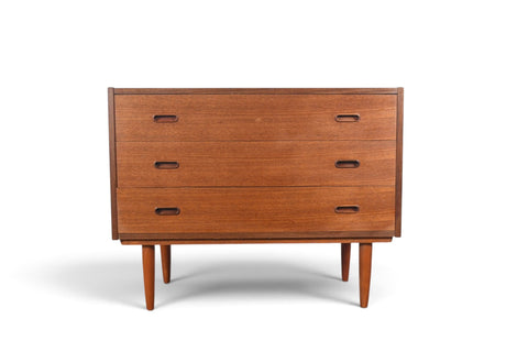THREE DRAWER VODDER STYLE CHEST IN TEAK WITH FINISHED BACK