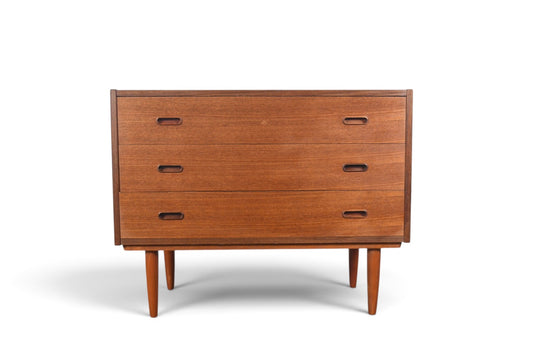 THREE DRAWER VODDER STYLE CHEST IN TEAK WITH FINISHED BACK