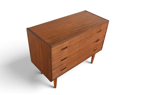 THREE DRAWER VODDER STYLE CHEST IN TEAK WITH FINISHED BACK
