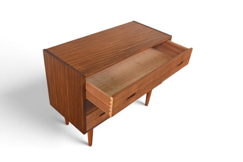 THREE DRAWER VODDER STYLE CHEST IN TEAK WITH FINISHED BACK