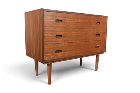 THREE DRAWER VODDER STYLE CHEST IN TEAK WITH FINISHED BACK