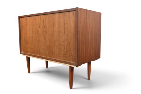 THREE DRAWER VODDER STYLE CHEST IN TEAK WITH FINISHED BACK