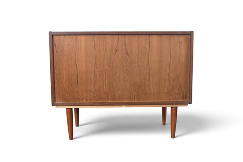 THREE DRAWER VODDER STYLE CHEST IN TEAK WITH FINISHED BACK