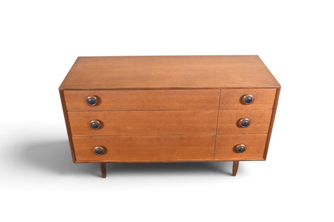 LOW SIX DRAWER TEAK DRESSER WITH LEATHER PULLS