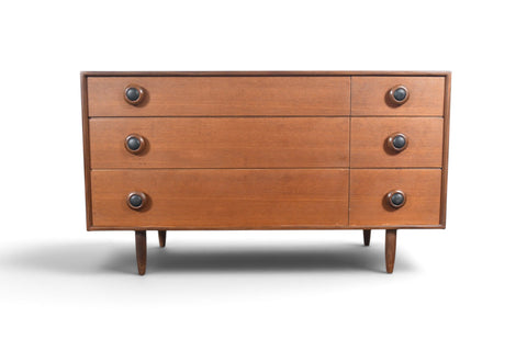 LOW SIX DRAWER TEAK DRESSER WITH LEATHER PULLS