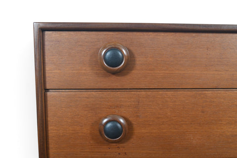 LOW SIX DRAWER TEAK DRESSER WITH LEATHER PULLS