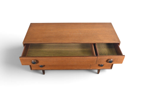 LOW SIX DRAWER TEAK DRESSER WITH LEATHER PULLS