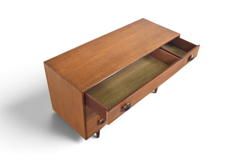 LOW SIX DRAWER TEAK DRESSER WITH LEATHER PULLS