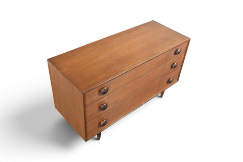 LOW SIX DRAWER TEAK DRESSER WITH LEATHER PULLS